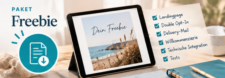 Paket Freebie: Tablet mit "Dein Freebie" und rechts daneben eine Checkliste mit Landingpage, Double-Opt-In, Delivery-Mail, Willkommensserie, Technische Integration und Tests.