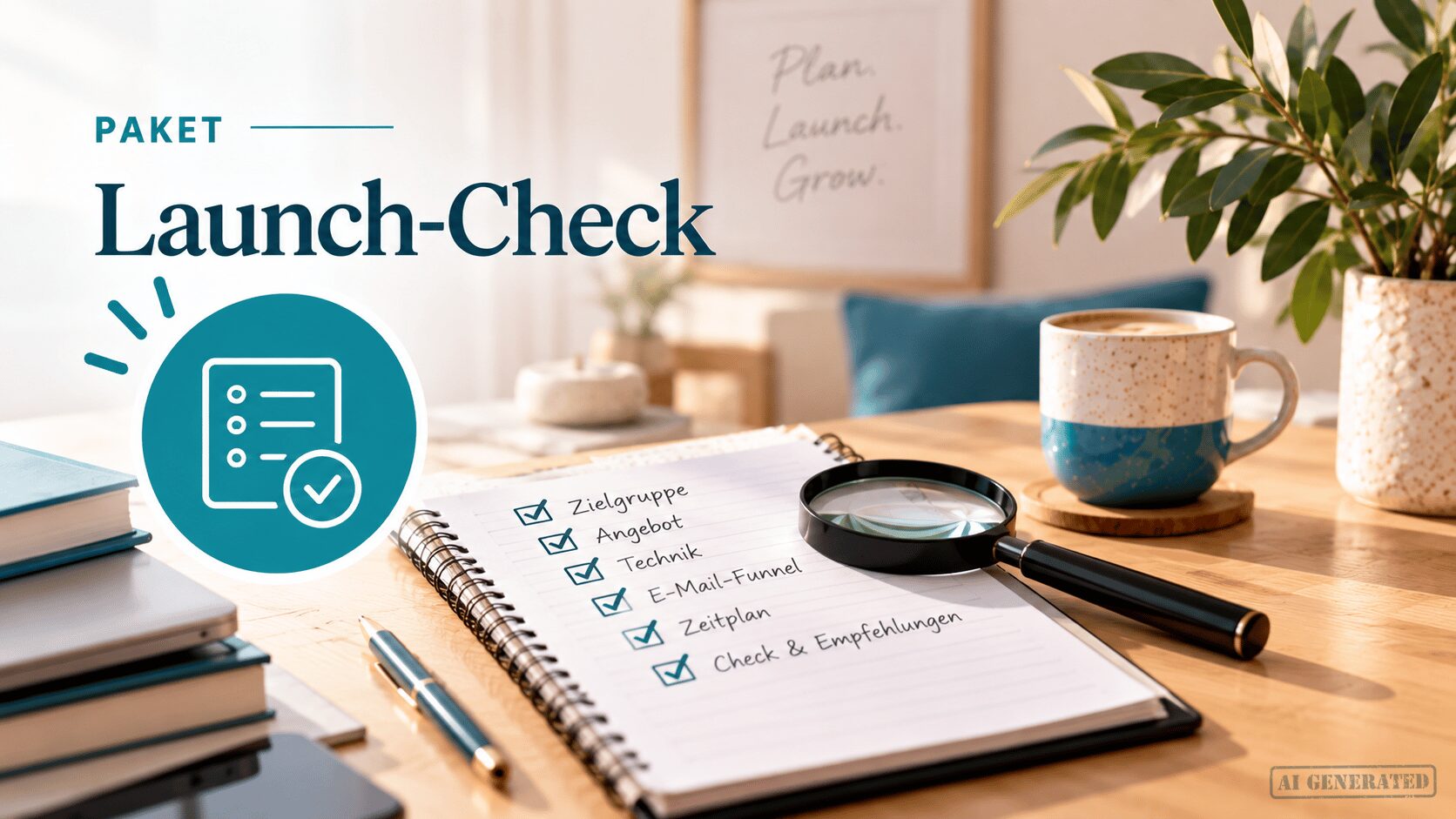 Schreibtisch mit Büchern, Tasse, Pflanze und einem Notizblock mit Lupe auf dem eine Checkliste mit folgenden Punkten steht: Zielgruppe, Angebot, Technik, E-Mail-Funnel, Zeitplan, Check und Empfehlungen.