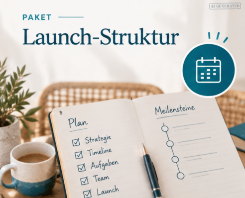 Paket Launch-Struktur. Kaffeetasse und Notizblock mit einer Checkliste mit den Punkten: Strategie, Timeline, Aufgaben, Team, Launch und daneben die Meilensteine zum Ausfüllen.