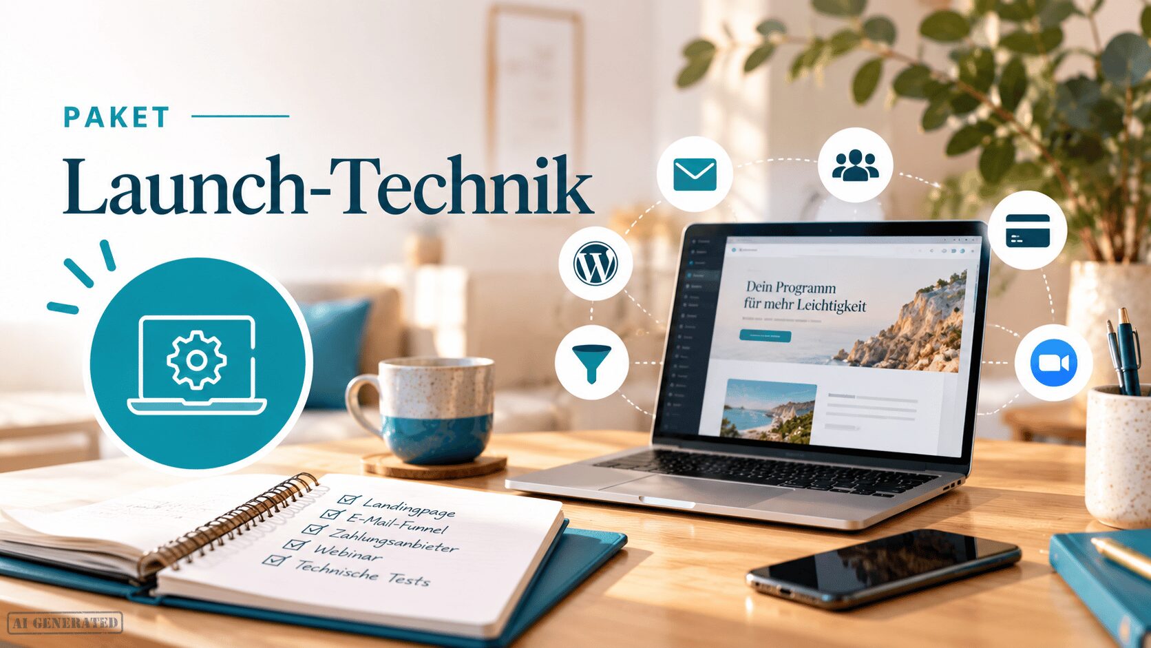 Schreibtisch mit aufgeklapptem Laptop, Tasse, Handy, Notizzettel und Stift. Im Notizblock ist eine Checkliste mit den Punkten: Landingpage, E-Mail-Funnel, Zahlungsanbieter, Webinar, Technische Tests. Über dem Laptops sind Icons für verschiedene technische Tools abgebildet. 