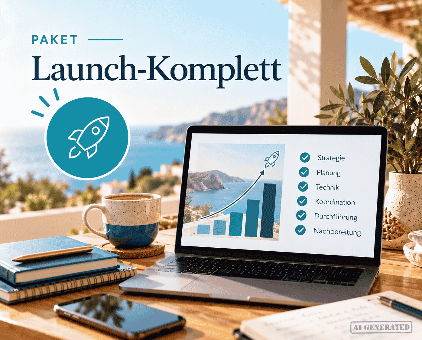 Tisch vor mediterraner Kulisse mit Handy, Tasse, Notizblock und Laptop. Beschriftung Launch-Komplett. Auf dem Laptop sieht man die Punkte Strategie, Planung, Technik, Koordination, Durchführung, Nachbereitung und ein aufsteigendes Balkendiagramm.