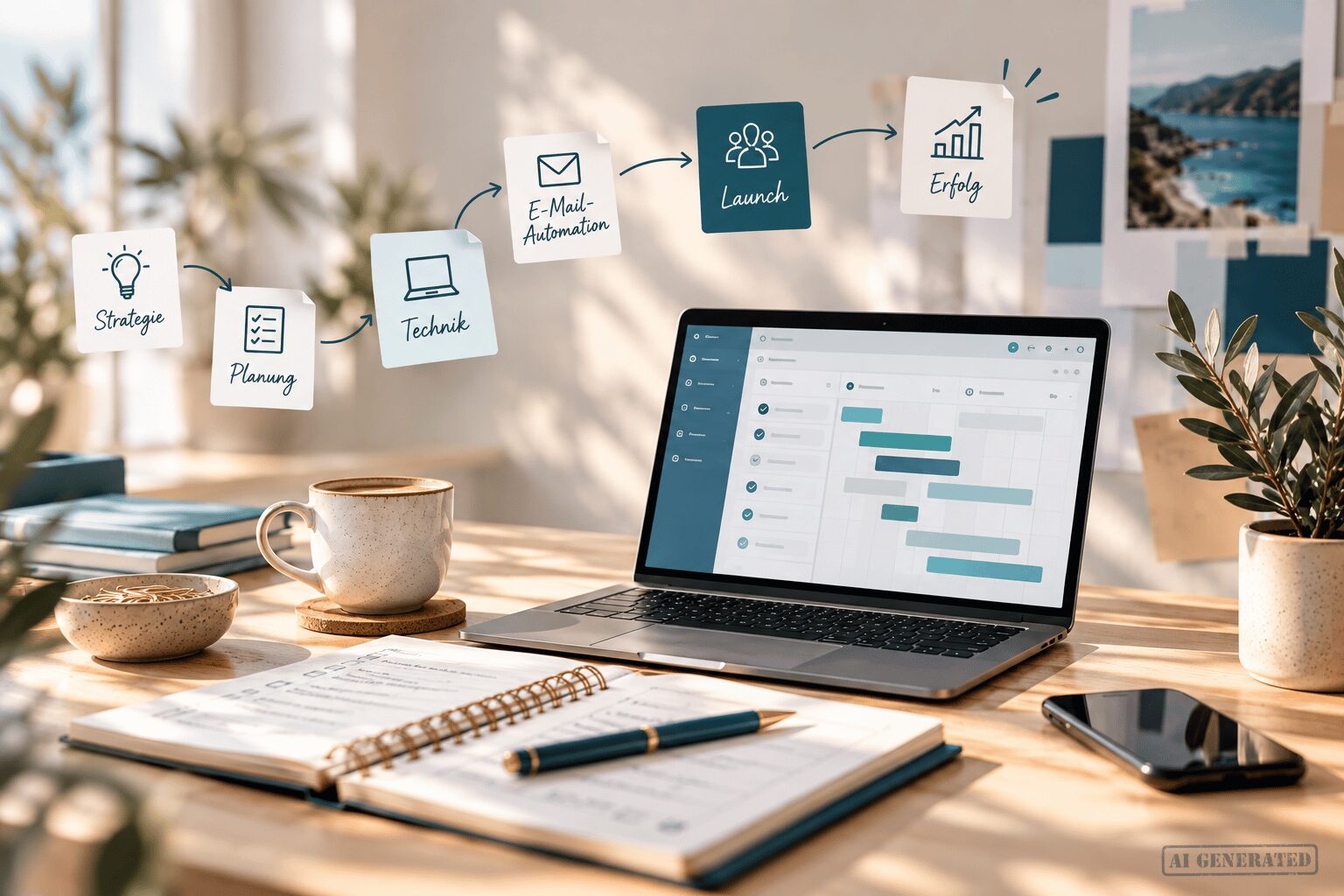 Lichtdurchfluteter Schreibtisch mit Laptop, Notizblock, Stift, Handy, Kaffeetasse, Pflanze und Notizzetteln mit der Beschriftung: Strategie, Planung, Technik, E-Mail-Automation, Launch, Erfolg.