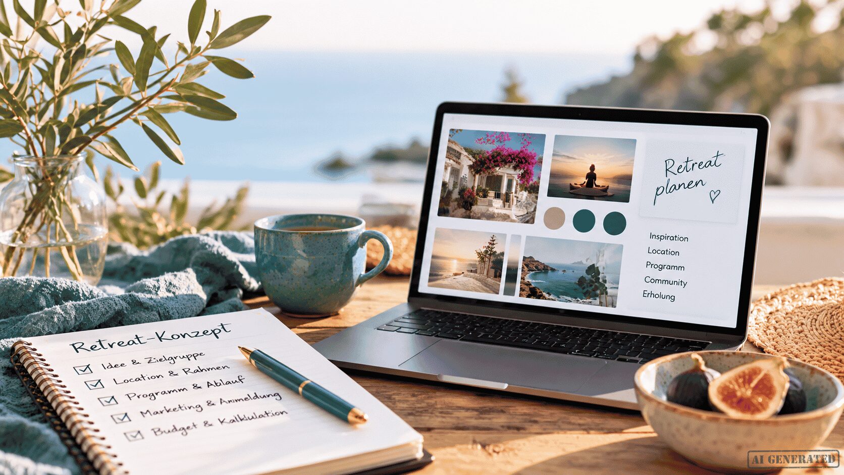 Schreibtisch mit Laptop, Pflanze, Tasse, Schale mit Feigen und Notizblock mit Blick aufs Meer.