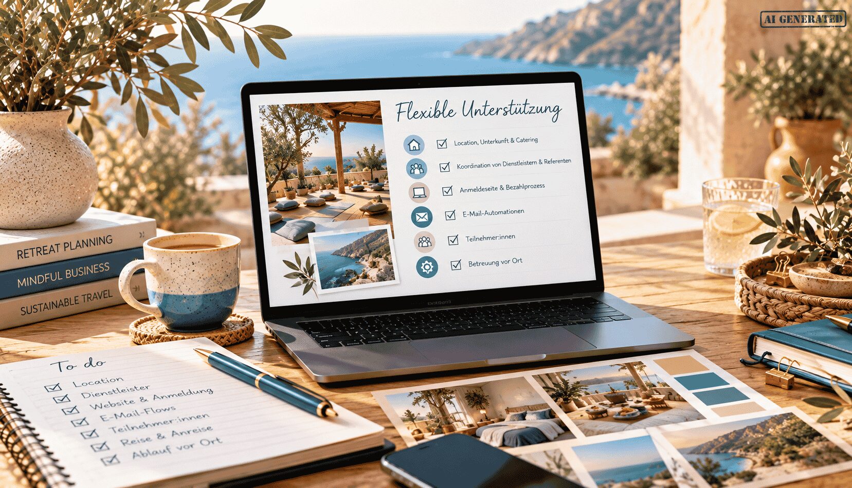 Schreibtisch mit Laptop, Pflanze, Tasse und Notizblock mit Blick aufs Meer. Auf dem Laptop sind die Möglichkeiten der flexiblen Unterstützung zu sehen.